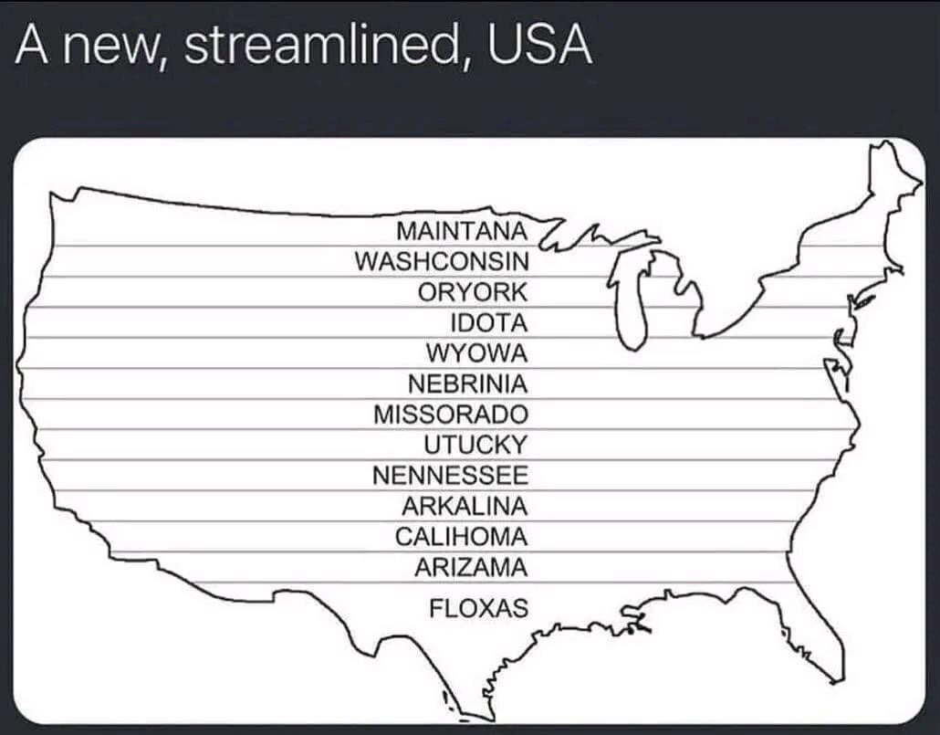 This is a satirical meme showing a simplified map of the contiguous United States. Instead of official state borders, the map is split into 13 equal horizontal strips. Each strip is labeled with a silly portmanteau made by blending two real U.S. state names: Maintana, Washconsin, Oryork, Idota, Wyowa, Nebrinia, Missorado, Utucky, Nennessee, Arkalina, Calihoma, Arizama, and Floxas. A header above the map reads 'A new, streamlined, USA', framing the joke as a fake administrative simplification of the country, playing on jokes about people mixing up U.S. state names and unnecessary bureaucratic over-simplification.