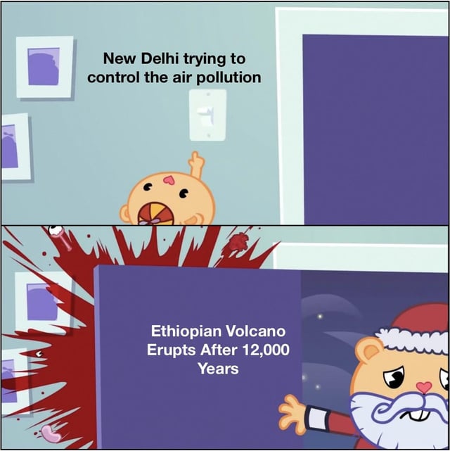 A two-panel cartoon. Top panel: A baby-like character with a round head, pink cheek, and surprised expression (open mouth, raised hand) against a light blue wall with framed pictures. Text reads 'New Delhi trying to control the air pollution'. Bottom panel: A purple door shattering with dramatic red splatters (resembling an explosion). Text reads 'Ethiopian Volcano Erupts After 12,000 Years'. A Santa-like character with a white beard, red hat, and concerned expression stands to the right, reaching out towards the door.