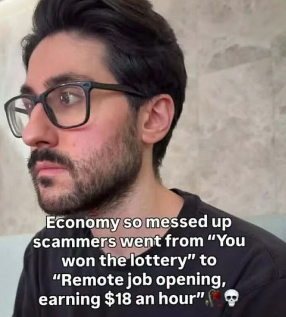 This meme displays a close-up profile shot of a dark-haired, bearded man wearing black glasses, looking off to the left with a deadpan, unimpressed facial expression. Overlaid on the lower half of the image is text that sarcastically comments on poor current economic conditions, stating that scammers have adjusted their tactics away from old 'you won the lottery' scams, and now run more effective scams pretending to offer remote job openings paying $18 an hour, referencing how many people are desperate for stable, decently paying work. A small rose emoji and skull emoji appear at the end of the text.