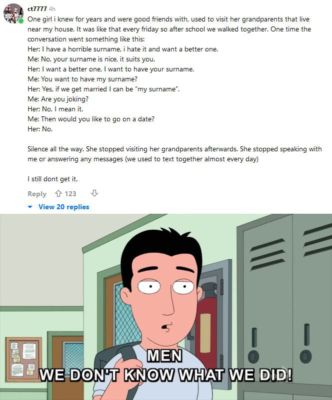 The meme consists of two main parts: a text-based personal anecdote and a cartoon image. The top section features a user-submitted story about a friendship breakdown due to miscommunication. The narrator recounts a conversation with a female friend where she expresses desire to take his surname (implying marriage), prompting him to ask her on a date. She declines, after which she stops all contact, leaving him confused. The bottom section is a still image of Steve Smith from the animated TV show 'American Dad!' with a superimposed caption: 'MEN WE DON'T KNOW WHAT WE DID!', humorously highlighting men's confusion over relationship missteps.