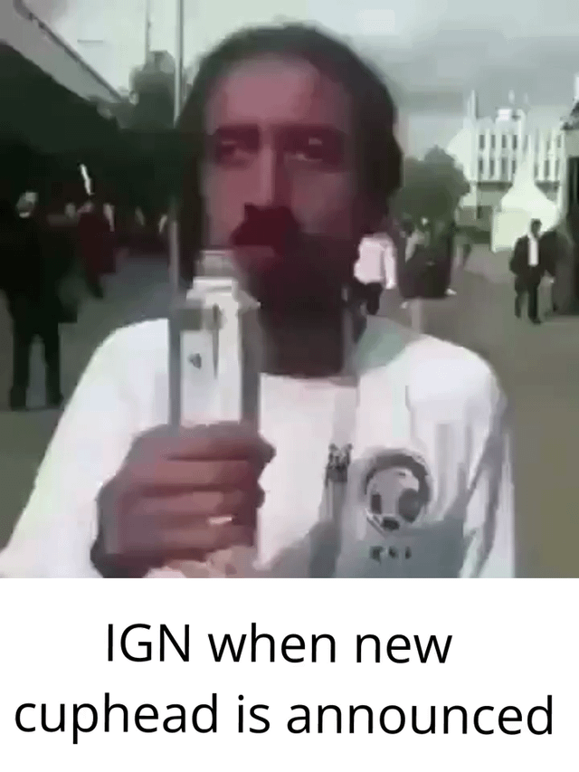 This is a captioned reaction meme. The upper portion shows a low-resolution still of a mustached man standing outdoors, holding an oversized tall clear bottle up to his mouth as if he is drinking from it. The lower portion has black text on a white background that reads 'IGN when new cuphead is announced'. The joke relies on visual innuendo: the shape of the bottle resembles a phallic object, implying that the video game review outlet IGN is overly eager, receptive, and willing to give positive scores to new entries in the popular Cuphead video game franchise, playing on common internet jokes about IGN's sometimes biased or overly positive review practices for high-profile game releases.