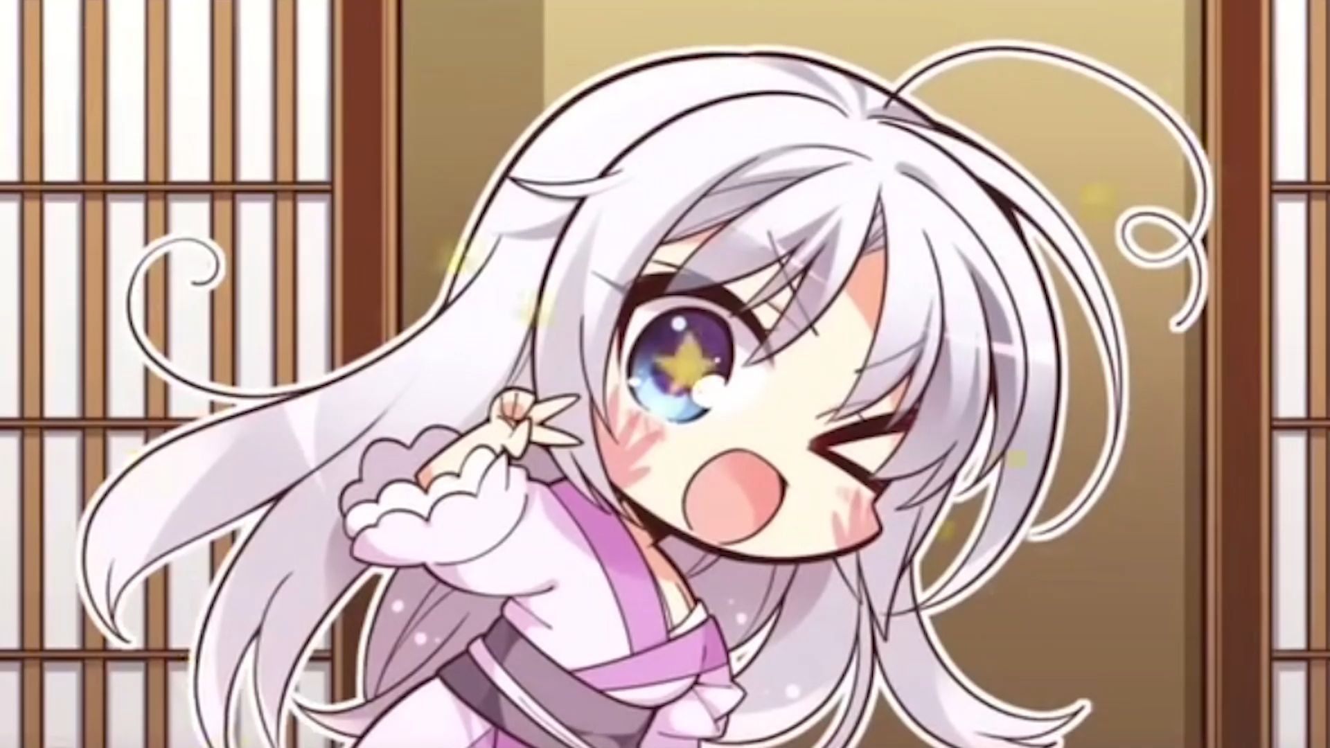 This image is a fan-created chibi illustration featuring Mashiro Amatsume, a character from the Yuzusoft visual novel *Senren Banka (千恋*万花)*, mimicking the iconic 'Ciallo～(∠・ω< )⌒★' greeting pose from another Yuzusoft work, *Witch's Night Banquet*. The character is depicted with silver hair, winking one eye, opening her mouth in a cheerful expression, and leaning forward while making a peace sign. The background shows traditional Japanese sliding doors, fitting the original game's rural shrine setting. This cross-fandom meme celebrates the shared whimsical style of Yuzusoft's games and references a beloved internet greeting that has gained traction in both English and Chinese anime communities, with the latter noting its accidental similarity to a Jiangxi dialect phrase meaning 'ate'.