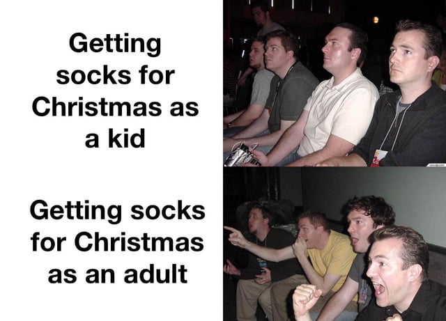 A two-panel comparison meme contrasting reactions to receiving socks as a Christmas gift. The top panel features the text 'Getting socks for Christmas as a kid' paired with a photograph of several people sitting with bored, indifferent expressions—slumped shoulders and neutral faces, conveying childhood disappointment with practical gifts. The bottom panel displays 'Getting socks for Christmas as an adult' alongside a photograph of people reacting with excitement: one pointing, another cheering with an open mouth, and a third pumping a fist, illustrating the adult appreciation for useful, practical presents. The humor stems from the relatable shift in perspective between childhood and adulthood regarding gift preferences.