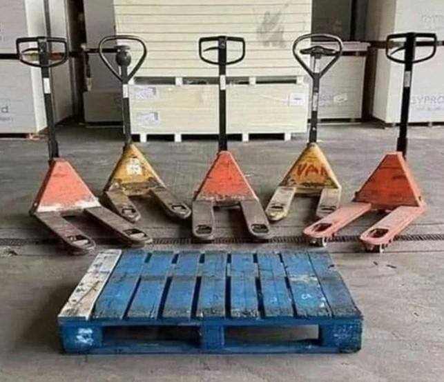 The image captures five manual warehouse pallet jacks arranged in a straight horizontal line, all facing towards a single blue wooden shipping pallet resting on the concrete warehouse floor directly in front of them. The unintentional arrangement creates a strong visual parallel to a line of men standing shoulder to shoulder at urinals in a public restroom, with the flat pallet resembling a shared urinal trough. The humor of the meme is entirely visual, relying on the anthropomorphization of the industrial equipment through their positioning, with no text or edits needed to deliver the joke.