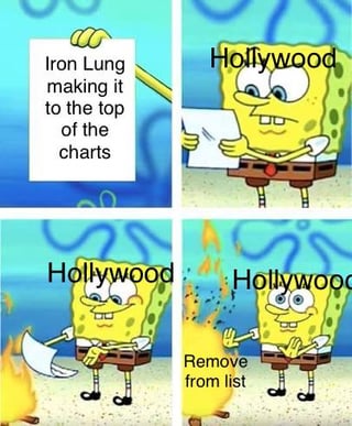 A 4-panel SpongeBob SquarePants meme. Panel 1: SpongeBob holds a sign reading 'Iron Lung making it to the top of the charts' with a happy expression. Panel 2: SpongeBob smiles while holding a paper labeled 'Hollywood'. Panel 3: SpongeBob stands next to a fire, holding an axe, with 'Hollywood' text above. Panel 4: SpongeBob gestures with the text 'Remove from list'. The meme humorously depicts 'Iron Lung' succeeding and Hollywood being removed from charts.