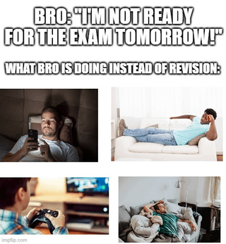 This is a relatable student meme. The top section has text quoting a person saying they are not prepared for their upcoming exam the next day, followed by text introducing what the person is doing instead of studying. Below this text are four stock images showing common procrastination activities: a man lying in bed scrolling on his smartphone in a dark room, a man lazing across a couch doing nothing, a person playing video games with a controller in front of a TV, and a man napping on a couch while cuddling a pet cat. The joke relies on the sarcastic implication that the person's lack of exam preparation is entirely self-inflicted because they are choosing to do leisure activities instead of revising, matching the original title's blunt tone.
