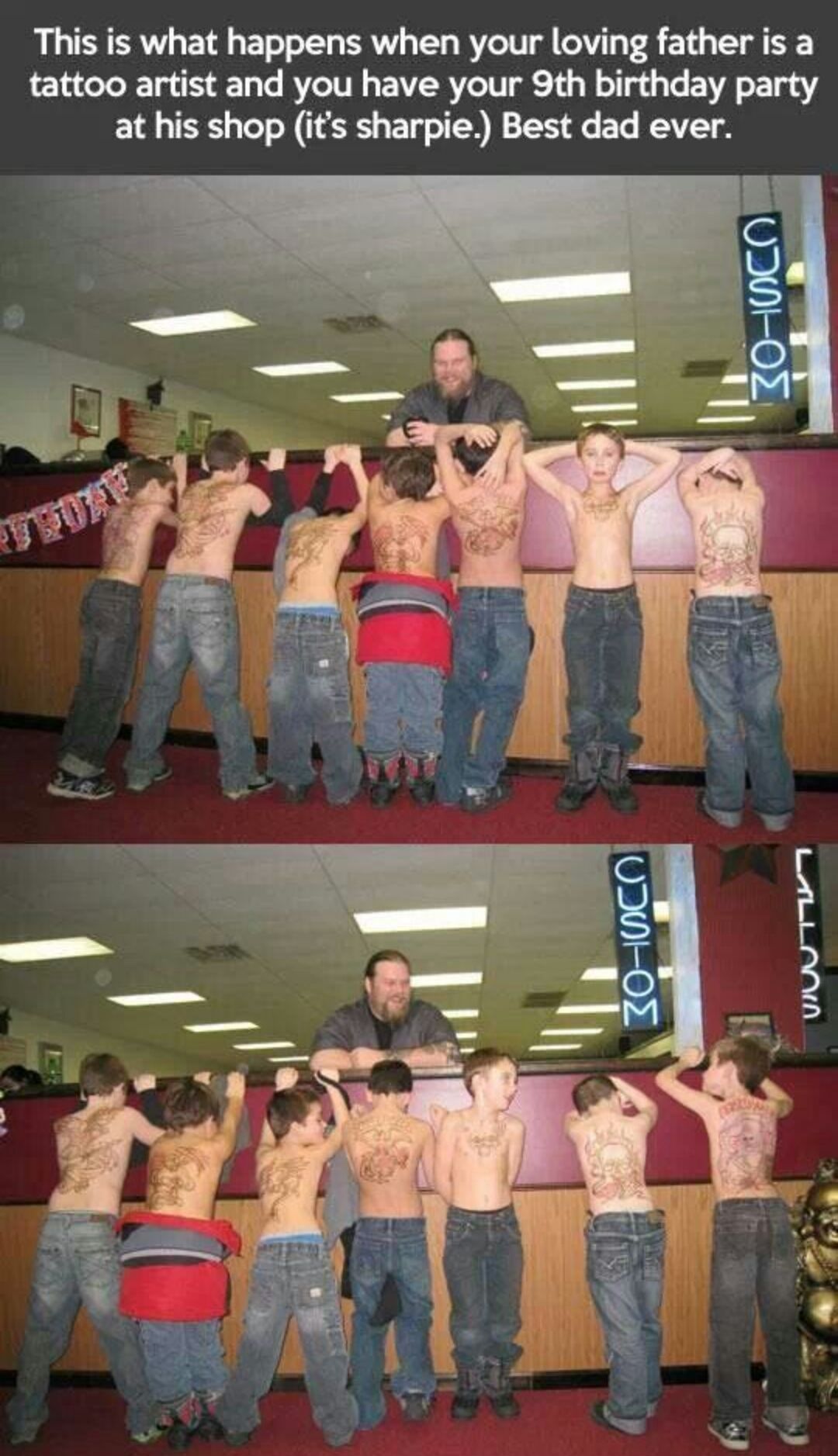 This is a two-panel viral photo meme. The text at the top explains that a tattoo artist father held his child's 9th birthday party at his tattoo shop, and drew non-permanent tattoo designs on all attending children using Sharpie markers. Both panels show a line of shirtless young boys standing facing away or to the side, displaying the detailed temporary tattoo art on their backs and chests, while the smiling father leans over the shop counter behind them, looking happy and proud. The tattoo shop setting is confirmed by visible 'CUSTOM' and 'TATTOOS' signage in the background.