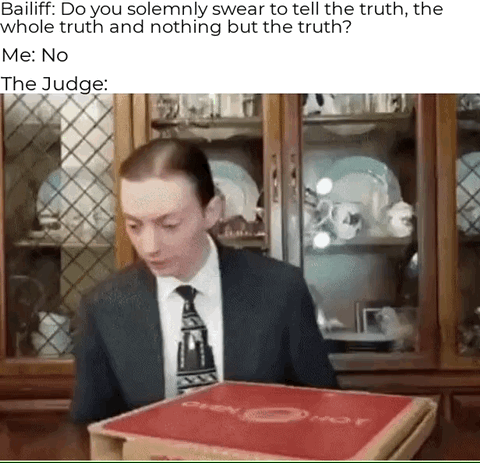 The meme uses a text setup followed by a reaction image: first, a bailiff asks the standard courtroom oath question: 'Do you solemnly swear to tell the truth, the whole truth and nothing but the truth?'. The first-person speaker replies 'No' to the oath. The final line introduces 'The Judge:', followed by a widely used reaction image of a pale man in a suit staring seriously down at a Monopoly board game box in front of him. The joke relies on the common perception that Monopoly is an excessively long, frustrating, argument-inducing game, implying the judge will punish the speaker for refusing the oath by forcing them to play Monopoly as a petty, unpleasant consequence.