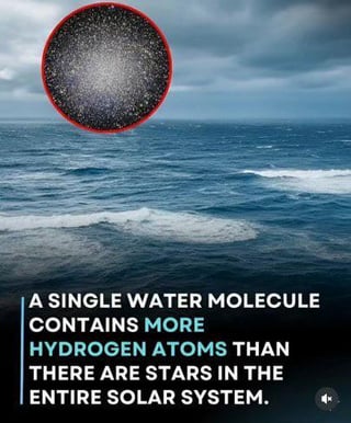 The image features a vast ocean under a cloudy sky as the background. At the top center, there is a red-circled graphic containing numerous small white specks, likely intended to represent atoms. Below this graphic, bold uppercase text reads: 'A SINGLE WATER MOLECULE CONTAINS MORE HYDROGEN ATOMS THAN THERE ARE STARS IN THE ENTIRE SOLAR SYSTEM.' The visual juxtaposes the ocean (symbolizing water) with the atomic graphic to emphasize the claim, though the statement is factually incorrect (a water molecule has 2 hydrogen atoms; the Solar System has approximately 1 star).