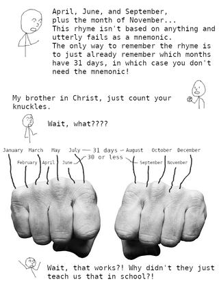 This meme jokes about the common, inefficient rhyme mnemonic taught to remember which months have 31 days, pointing out the rhyme is useless because you need to already know the month lengths to memorize the rhyme. A second character suggests using the knuckle counting trick, where raised knuckles on two fists stand for 31-day months and the gaps between knuckles stand for months with 30 or fewer days, with each knuckle/gap labeled for each month of the year. The first character reacts with shocked confusion, wondering why this far simpler and more effective method was never taught in school instead of the bad rhyme. The meme uses simple hand-drawn stick figures for speakers alongside a real photo of two fists to demonstrate the knuckle trick.