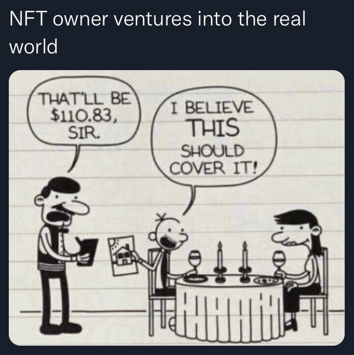 This is a single-panel comic meme using the art style of the *Diary of a Wimpy Kid* series, set in a fancy restaurant. A waiter stands next to a table where a male character and his female date are seated, telling the male customer his bill totals $110.83. The male character, framed as an NFT owner, holds up a printed copy of an NFT graphic of a house and confidently states he believes the NFT will cover the cost, while his date looks on unimpressed. The top text of the meme reads 'NFT owner ventures into the real world', and the joke satirizes the common criticism that NFTs have no practical, accepted tangible value for real-world everyday transactions.