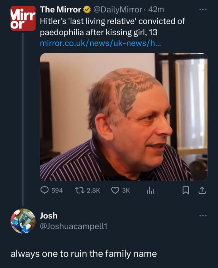 A screenshot of a Twitter/X post from The Mirror showing a news headline about Hitler's last living relative being convicted of paedophilia, accompanied by a photo of a man with an eagle tattoo on his bald head. Below the post is a sarcastic comment from user Josh (@Joshuacampbell11) stating 'always one to ruin the family name,' which humorously references the already infamous Hitler family name.