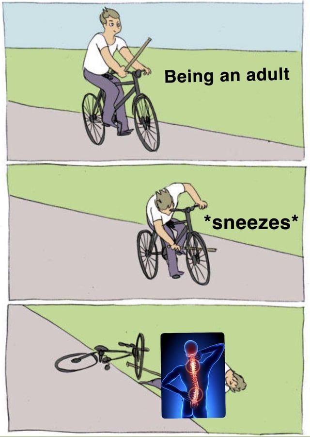 This is a 3-panel comic meme. The first panel shows a cartoon man riding a bicycle uphill while holding a long stick, labeled 'Being an adult', representing that adulthood usually proceeds normally without major issues. The second panel shows the man sneezing, which causes him to move the stick into the spokes of his front bike wheel, interrupting his ride. The third panel shows the man lying on the ground next to his crashed bicycle, with an inset stock image of a human figure highlighting severe full-spine pain. The joke is relatable to adults, as it humorously exaggerates how even minor, trivial actions like sneezing can cause unexpected, debilitating bodily pain as people age, bad enough that they need to take time off work or responsibilities.