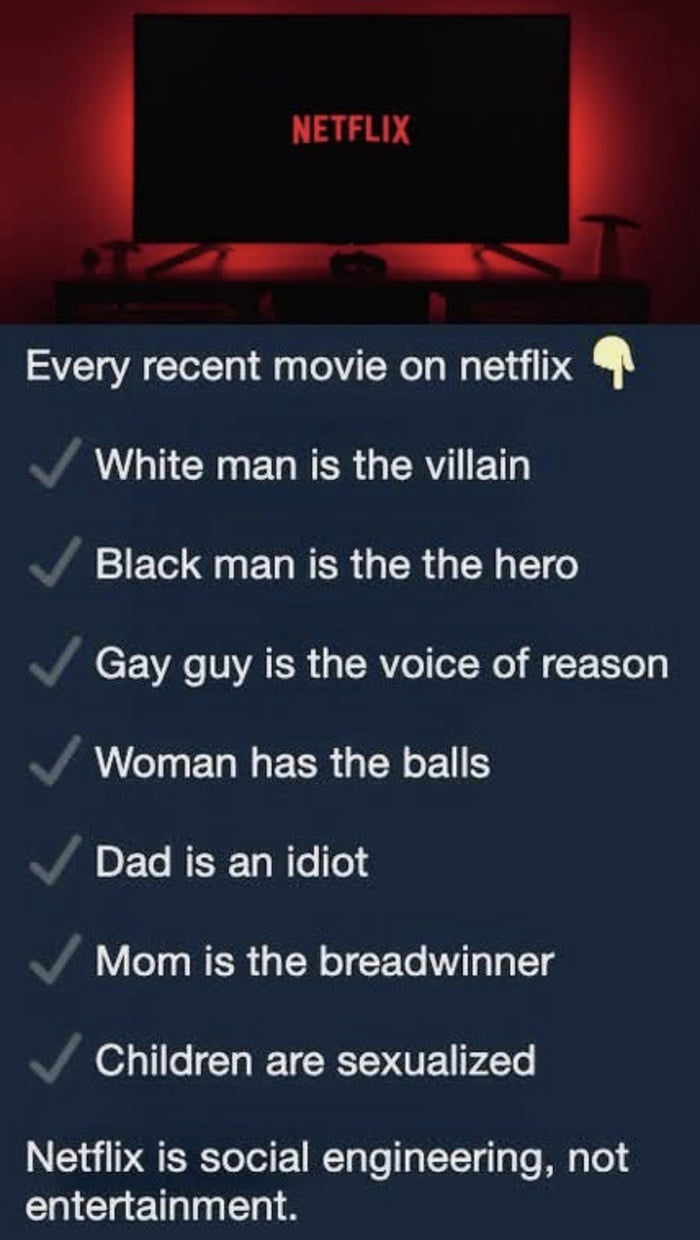This meme is a critical take on perceived repetitive character tropes in recent Netflix original films. The top portion shows a television screen displaying the Netflix logo against a red-lit background. Below this, a checklist outlines stereotypical, formulaic character archetypes the meme claims are present in the platform's recent content: 
- White man is the villain
- Black man is the hero (with a typo: "the the")
- Gay guy is the voice of reason
- Woman has the balls (colloquial language meaning the woman is the assertive, courageous character)
- Dad is an idiot
- Mom is the breadwinner
- Children are sexualized

The meme concludes with the statement: "Netflix is social engineering, not entertainment," framing the platform's content as agenda-driven and uncreative rather than original entertainment.