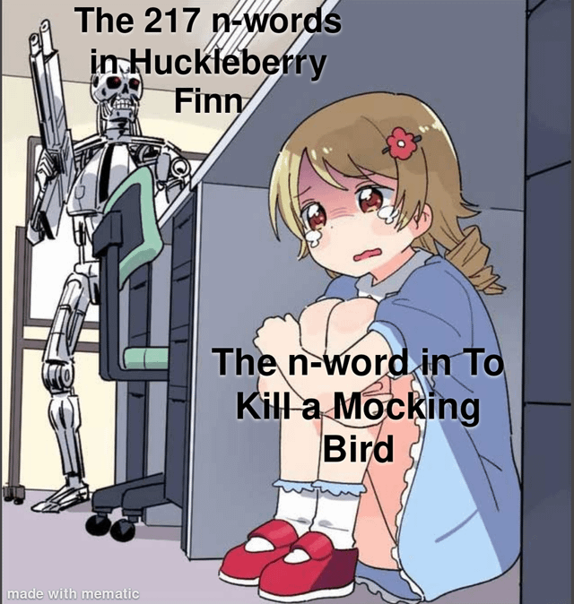 An animated meme depicting a distressed young girl with blonde hair, a red flower accessory, and a blue dress sitting on the floor, crying with tears in her eyes. To her left stands a tall, robot-like skeleton figure next to a desk. The image contains two text overlays: on the left side, 'The 217 n-words in Huckleberry Finn' and in front of the girl, 'The n-word in To Kill a Mockingbird'. The meme humorously contrasts the frequency of the racial slur 'n-word' in Mark Twain's *Adventures of Huckleberry Finn* (217 instances) versus Harper Lee's *To Kill a Mockingbird* (far fewer instances), with the girl symbolizing Lee's work being overshadowed by Twain's more frequent use.