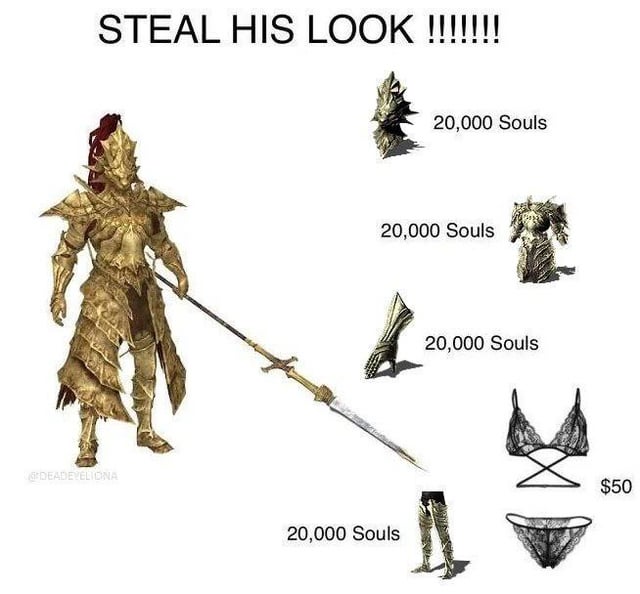 This is a humorous parody meme using the popular 'Steal His Look' fashion breakdown format, featuring Dragon Slayer Ornstein, a famous boss character from the *Dark Souls* video game series. On the left side, Ornstein is depicted standing in his full iconic spiky golden armor while holding his spear. On the right, his outfit is broken into individual listed pieces with associated costs: Ornstein's helmet, chest armor, gauntlets, and leg armor each cost 20,000 Souls (the primary in-game currency of the Dark Souls franchise). The joke punchline comes with the final two pieces: a black lace bra and matching panties priced at $50 total, crudely and absurdly implying that the imposing knight character wears lacy lingerie under his heavy suit of armor. As a humorous answer to the titular question: affording the armor requires a lot of in-game grinding for Souls, while the lingerie is very cheap for most people, making the full look theoretically affordable for most players who have progressed far enough in Dark Souls.