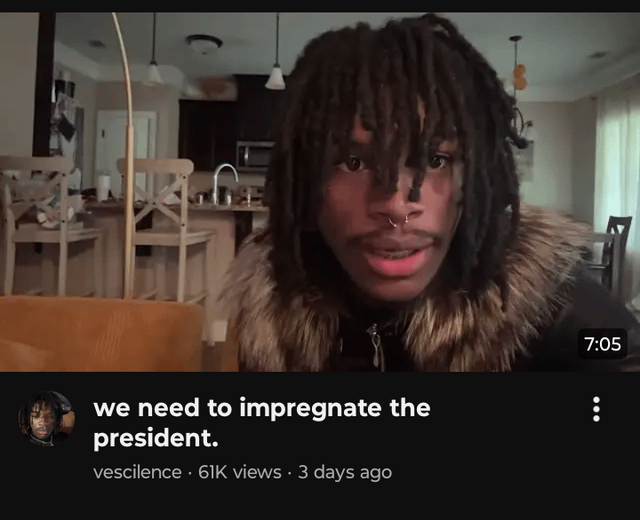 The image is a screenshot of a short-form video post. It features a young Black man with dreadlocks and a septum piercing, wearing a jacket with a faux fur trim, looking directly at the camera with a neutral, deadpan expression. The background is a residential open-plan kitchen and living room space. Below the video frame (marked with a 7:05 runtime timestamp), the post caption reads "we need to impregnate the president.", with accompanying metadata showing the post was made by user vescilence, earned 61K views, and was uploaded 3 days before the screenshot was taken. The meme functions as absurdist humor, subverting common expectations of what free speech is invoked to protect by framing this intentionally shocking, nonsensical, provocative statement as a peak example of free speech usage.