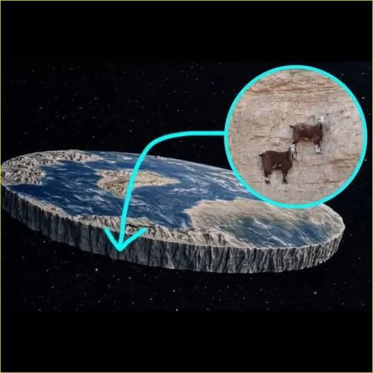 This satirical meme visualizes the classic flat-Earth conspiracy model, depicting Earth as a thick flat disc floating in starry outer space. A cyan highlighted zoom callout points to the vertical rocky side wall of the disc Earth, zooming in to show two mountain goats standing on this vertical edge. The joke plays on the common flat-Earth conspiracy claim that Earth has a giant wall at its outer edge, and pokes fun at NASA's Artemis moon exploration mission by implying the mission accidentally confirmed the flat-Earth model by finding goats living on the edge wall.