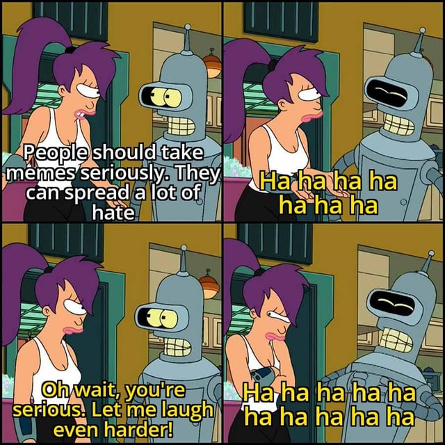 This is a 4-panel edited reaction meme using characters from the animated series Futurama. In the first panel, Leela states that people should take memes seriously because they can spread large amounts of hate. In the second panel, Bender laughs loudly at this take. In the third panel, Leela responds that she is being serious and tells Bender to laugh even harder, followed by Bender laughing even more intensely in the final panel. The joke mocks the opinion that memes need to be taken overly seriously, and the title refers to the fact that this take will anger people who support stricter regulation of memes, making it ideal ragebait that drives high engagement from frustrated users.