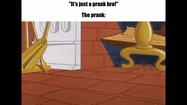 This meme uses a two-part text and image format. The top text first quotes a common phrase used to downplay harmful jokes: "It's just a prank bro!", followed by a line introducing the actual content of the supposed prank: "The prank:". Below this text is a still frame from the classic animated series *Tom and Jerry*, depicting a booby trap setup: a hole cut into a raised brick ledge, disguised to be invisible, that is intended to make the victim (usually Tom the cat) fall or crash through it. The meme jokes about how the character Jerry often sets up extremely dangerous, potentially injurious pranks and frames them as harmless fun, mirroring real-life people who use the 'just a prank' excuse for harmful behavior.