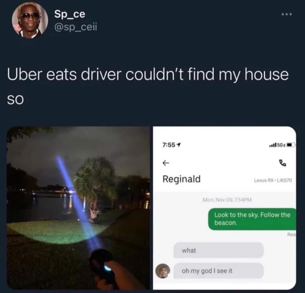This is a viral screenshot of an X (formerly Twitter) post about a user's over-the-top solution to their Uber Eats driver being unable to find their home. The post has two side-by-side images: the left shows a first-person view at night of the user shining a high-powered flashlight with a bright blue beam directly up into the sky to act as a guiding beacon, with a waterfront and palm trees in the background. The right image is a screenshot of a text chat between the user and their driver, Reginald, who drives a Lexus RX. The user tells the driver to look to the sky and follow the beacon; the driver first replies confused with "what", then immediately follows up saying "oh my god I see it". The humor comes from the absurdly dramatic, pop-culture referencing (evoking signals like the Bat-Signal) solution to a common, mundane delivery inconvenience.