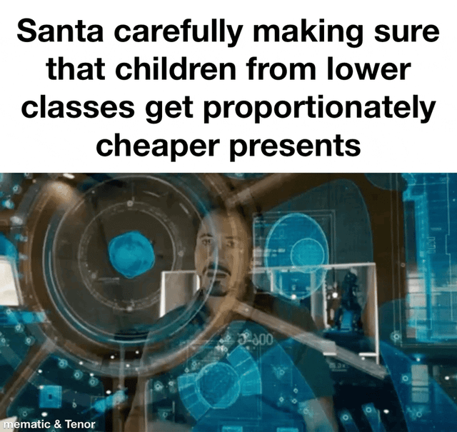 A meme consisting of four frames featuring Tony Stark (Robert Downey Jr.) from the Iron Man films, each showing him engaged with high-tech holographic displays in a futuristic lab. Overlaid on all frames is the text: 'Santa carefully making sure that children from lower classes get proportionately cheaper presents.' The humor arises from the absurd contrast between Stark's serious, tech-savvy demeanor—typically associated with innovation and problem-solving—and the satirical premise of Santa using advanced technology to enforce class-based gift pricing, creating a sarcastic commentary on social inequality during holiday gift-giving.