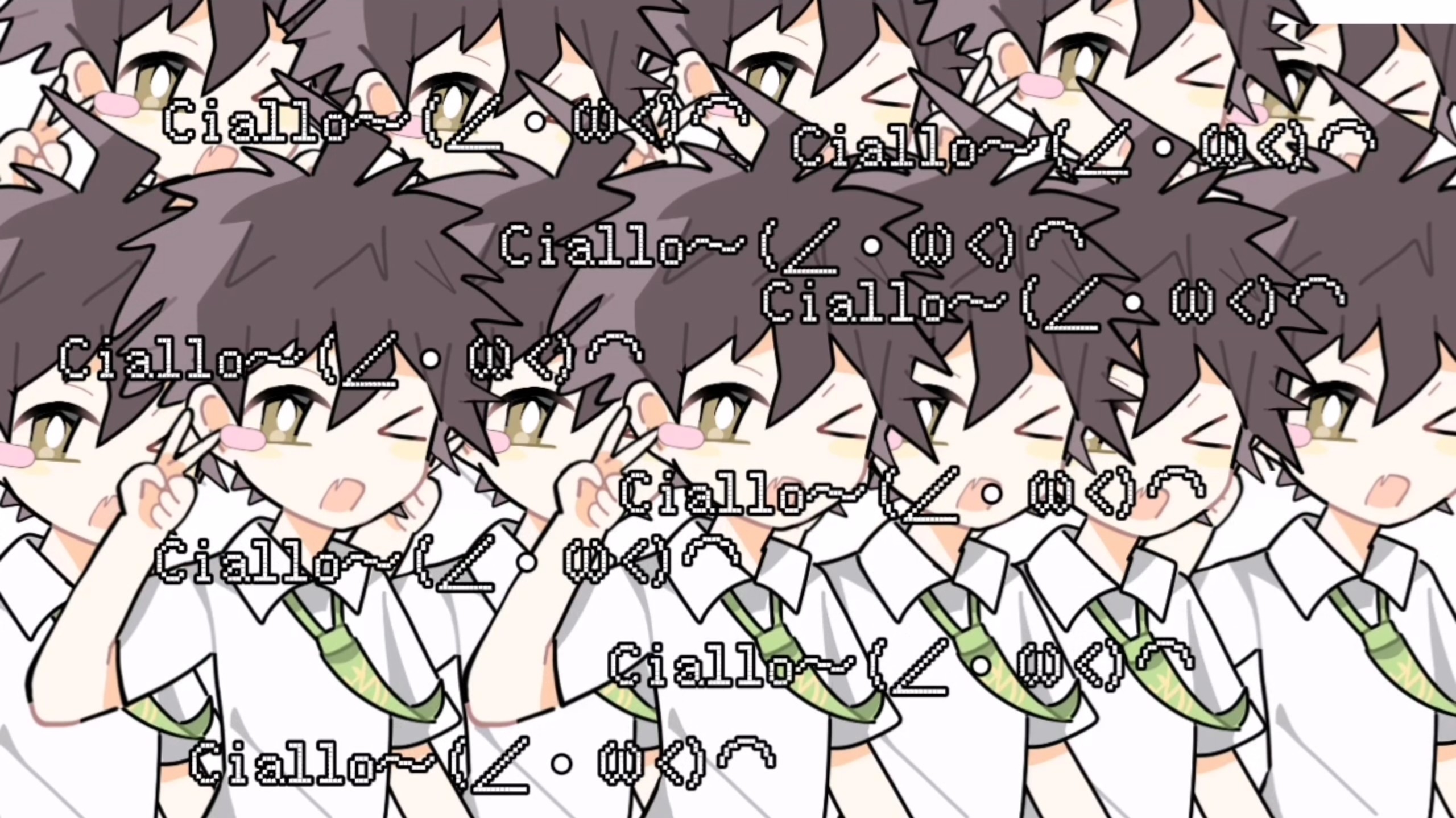 This meme is a spam-style collage featuring Hazuki Takahiro, the male protagonist from the Yuzusoft visual novel *Senren Banka*. The character is duplicated multiple times across the frame, each instance winking, making a peace sign, and appearing to speak. Overlaid repeatedly across the image is the iconic ACG greeting phrase 'Ciallo～(∠・ω< )⌒★', which blends Italian 'Ciao' and English 'Hello', originating from *The Witch's Banquet* (Majo no Yoru Utage) as Inaba Meguru's signature catchphrase. The repetition creates a playful, overwhelming, and wholesome effect, often used as an enthusiastic greeting in ACG communities. Additionally, the phrase has gained extra traction in Chinese internet circles due to its similarity in pronunciation to the Jiangxi dialect term for 'ate'.