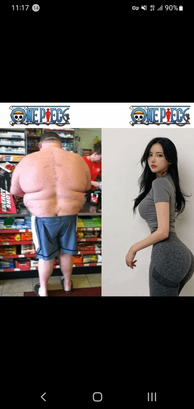 This is a two-panel satirical collage meme that jokes about gendered character design trends in the One Piece anime and manga franchise. The left panel, topped with the official One Piece logo, shows the back of an extremely large, heavily overweight man standing at a convenience store counter, meant to represent the highly varied, often exaggeratedly bulky, unusually proportioned male character designs common throughout One Piece. The right panel, also topped with the One Piece logo, shows a conventionally attractive slim woman with exaggeratedly curvy proportions posing against a plain wall, meant to represent the narrow, overly idealized, frequently sexualized female character design formula the series is often criticized for. The core joke highlights the stark contrast between the creative freedom given to male character body types and the restrictive, homogeneous beauty standard applied to almost all female characters in the franchise.