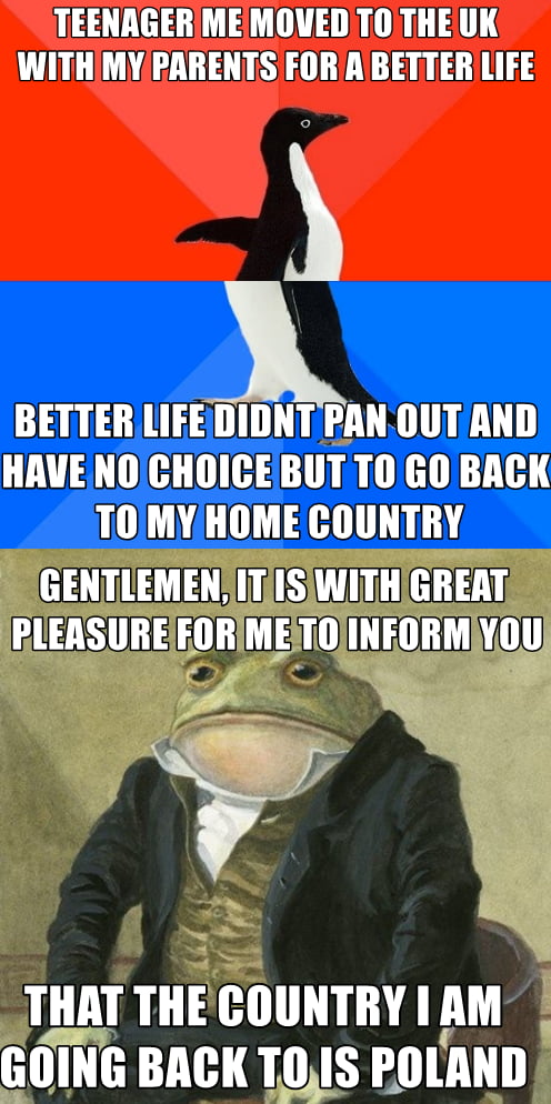 This meme uses two classic internet meme templates to tell a personal, humorous story:
1. The top section uses the **Socially Awkward Penguin** (split red/blue background template) to establish the backstory: the creator moved to the UK as a teenager with their parents hoping for a better life, but this goal did not work out, leaving them with no option but to return to their home country.
2. The bottom section uses the **Gentleman Frog** (vintage-style frog in formal wear template) to deliver a dramatic, joyful reveal: the home country they are returning to is Poland, framed as a proud, positive announcement. The humor comes from the contrast between the disappointing UK experience and the triumphant, formal tone of the return reveal, subverting expectations of a sad or defeated return.