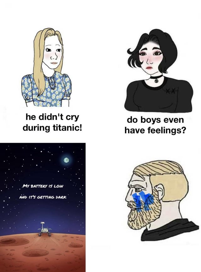 This is a four-panel meme following the popular "do boys even have feelings" template. The top left panel features a blonde woman in a blue daisy-patterned dress, with text below reading "he didn't cry during titanic!". The top right panel has a goth-style dark-haired woman wearing a choker, with text below reading "do boys even have feelings?". The bottom left panel shows the NASA Opportunity Mars rover alone on the surface of Mars under a starry night sky, with overlay text reading "MY BATTERY IS LOW AND IT'S GETTING DARK", which was the final transmission sent by the rover before its mission was declared ended. The bottom right panel shows a profile of a bearded blond man with heavy blue tear streaks running down his face, visibly crying. The joke subverts the common stereotype that men do not feel or express emotion, showing that while they may not cry at widely popular emotional media like the film *Titanic*, they become deeply emotional over niche, heartfelt moments related to science and space exploration.