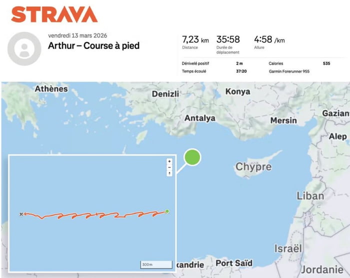 This image is a screenshot of a public Strava fitness activity that went viral as an accidental security leak. The activity is a foot run logged by a French sailor named Arthur, dated 13 March 2026, created when he ran laps on the deck of a French nuclear warship that was on a stealth deployment to the Middle East, operating with its transponder turned off to hide its location. The Strava activity plots the 7.23km run directly on the open Mediterranean Sea near Cyprus, revealing the warship's exact secret position. Activity stats confirm the run only has 2 meters of elevation gain, consistent with running on the flat deck of a moving ship.