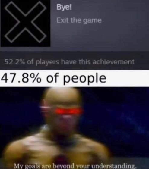 The meme is split into two sections. The top section replicates a common video game achievement pop-up, showing an X icon next to the text 'Bye! Exit the game' and a note that 52.2% of players have unlocked this achievement. Below this, the text '47.8% of people' is displayed, followed by a blurry edited image of a golden Cyclops character from X-Men with glowing red eye visor, captioned 'My goals are beyond your understanding.' The joke highlights that the near-half of people who do not exit games immediately have confusing, unrelatable motives to the majority who do exit when they are done playing.