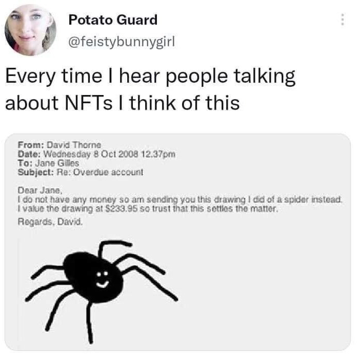 This meme is a screenshot of an X (formerly Twitter) post by user @feistybunnygirl. The tweet text states 'Every time I hear people talking about NFTs I think of this', followed by an image of a 2008 email from David Thorne to Jane Gilles regarding an overdue account. In the email, Thorne states he has no money to pay the debt, so he is sending a crudely drawn smiling black spider he values at $233.95 to settle the account. The joke draws a satirical parallel between the arbitrary high value assigned to the low-effort doodle in the email, and the common criticism of NFTs as overpriced digital assets with arbitrarily assigned, often unsubstantiated monetary value.