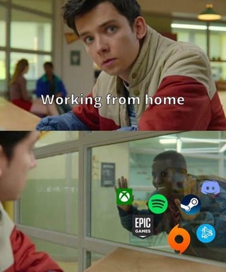 A two-panel meme. The top panel shows a person in a casual indoor setting with the text 'Working from home' above them, suggesting the intended activity of remote work. The bottom panel features another person pressing their hand against a glass window, with various app icons (Xbox, Spotify, Discord, Epic Games, and others) overlaid on their hand, humorously implying that the actual activity during 'working from home' is using entertainment and gaming apps instead of working.