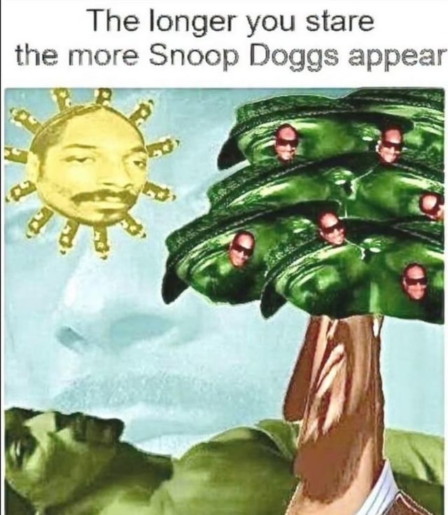 This is an absurdist optical illusion meme that places the face of rapper Snoop Dogg into every element of a painted natural landscape, with the top text teasing that more Snoop Dogg faces appear the longer you stare at the image. The sun in the sky is a giant Snoop Dogg head, the leaves of the tree hold multiple small Snoop Dogg heads, and the rolling green hills in the background form another large hidden Snoop Dogg face. The joke leans into the silly repetition of Snoop Dogg's face across the entire 'ecosystem' of the image.