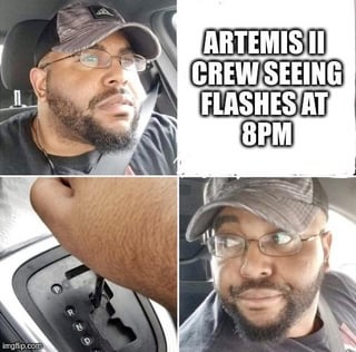 This is a 2x2 grid meme containing a sexual pun referencing the NASA Artemis II moon mission. The top-left panel features a bearded Black man wearing a baseball cap and glasses with a neutral, confused expression. The top-right panel contains the text: 'ARTEMIS II CREW SEEING FLASHES AT 8PM'. The bottom-left panel shows a suggestive close-up: a car automatic gear shift with a person's knee positioned to create a visual innuendo, playing on the double meaning of 'flashes' (sexual slang for ejaculation, rather than optical flashes astronauts might experience in space). The bottom-right panel shows the same man from the top-left panel smiling approvingly at the dirty joke.