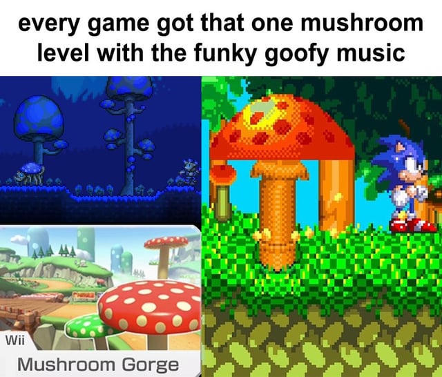 This collage meme highlights a common recurring video game design trope: the existence of a mushroom-themed level paired with quirky, upbeat, 'funky goofy' background music in many different game franchises. The image includes three separate game level screenshots: a dark blue pixel art mushroom forest level at top left, Mario Kart Wii's 'Mushroom Gorge' track at bottom left, and a pixel art mushroom level from the Sonic the Hedgehog series at right, where Sonic the Hedgehog is visible standing next to a large spotted mushroom. The text at the top of the meme explicitly states the trope, and the accompanying post questions if this shared design choice is an unspoken rule among game developers.