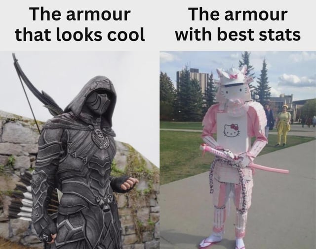 A two-panel meme comparing armor types. The left panel is labeled 'The armour that looks cool' and features a dark, intimidating knight in black, hooded armor with a bow and arrow quiver, standing against a stone wall. The right panel is labeled 'The armour with best stats' and shows a person wearing a homemade, pink Hello Kitty-themed cardboard armor, holding a pink sword, in an outdoor setting with trees and buildings in the background. The humor lies in the contrast between visually impressive but presumably less effective armor versus visually unappealing but statistically superior armor, a common trope in gaming.