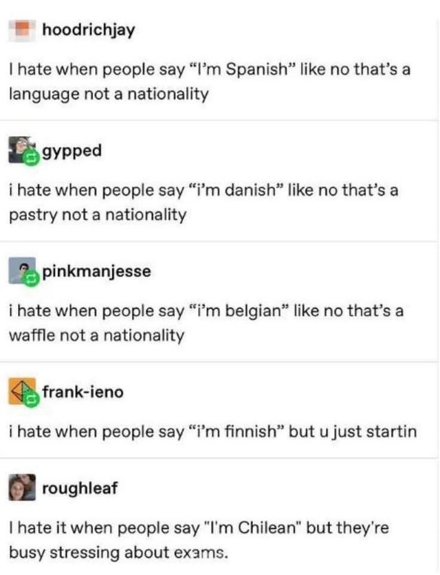 A vertical screenshot of a social media comment thread featuring five user comments, each humorously misinterpreting nationality adjectives as unrelated nouns. The first comment by 'hoodrichjay' states, 'I hate when people say "I'm Spanish" like no that's a language not a nationality.' Subsequent comments by 'gypped', 'pinkmanjesse', 'frank-ieno', and 'roughleaf' follow the same structure, replacing 'Spanish' with 'Danish' (pastry), 'Belgian' (waffle), 'Finnish' (pun on 'finish'), and 'Chilean' (pun on 'chill'), respectively. Each comment uses the format: 'I hate when people say "I'm [Nationality]" like no that's a [unrelated noun] not a nationality.'