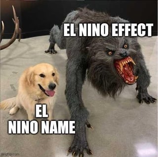 This is a comparison meme contrasting the harmless-sounding name of the El Niño weather phenomenon with its unpleasant real-world effects. A happy, calm, friendly golden retriever sitting on the left is labeled "EL NINO NAME", representing how gentle and unthreatening the name appears. Next to it on the right is a large, aggressive, snarling werewolf-like monster with bared fangs labeled "EL NINO EFFECT", representing the destructive, uncomfortable conditions caused by El Niño, most notably the extreme heat referenced in the original post title.