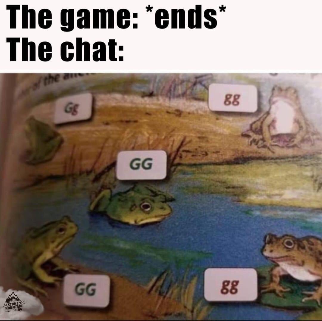 This meme depicts a common relatable scenario in online multiplayer gaming. The top text establishes the setup: when a game finishes, the in-game chat reacts as shown in the lower half of the image. The lower half features a vintage hand-drawn illustration of multiple frogs gathered around a pond, each positioned next to a small rectangular tile. The tiles are labeled either 'GG' (a ubiquitous gaming slang abbreviation for 'good game', customarily said after a match concludes) or '88' (internet slang standing in for 'bye bye', originating from the Mandarin pronunciation of '8' as 'ba', making '88' sound identical to 'bye bye', frequently used in east Asian and global gaming chats to signify leaving after a game ends). The joke highlights the predictable, universal behavior of gaming chats spamming these two phrases immediately after any match ends.