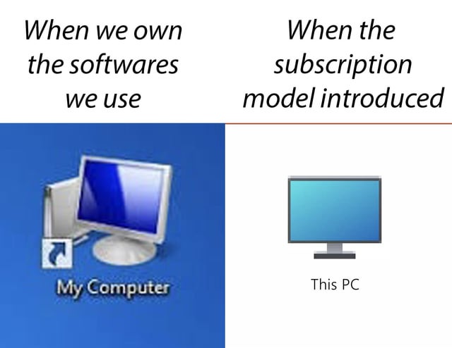 A two-panel comparison meme. The left panel, labeled 'When we own the softwares we use', depicts a classic computer setup with a floppy disk icon and the text 'My Computer' on a blue background, symbolizing personal ownership of software. The right panel, labeled 'When the subscription model introduced', shows a simplified monitor with the text 'This PC' on a white background. The meme humorously suggests that the renaming of 'My Computer' to 'This PC' (a change in Microsoft Windows operating systems) reflects the shift from owning software to subscription-based models, implying a loss of personal ownership over technology.