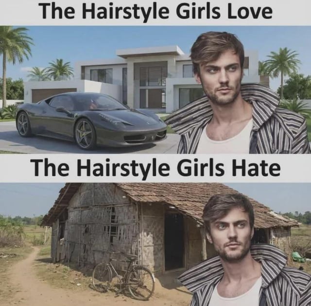 This is a two-panel satirical meme that jokes that supposed women's preference for certain men's hairstyles is actually a preference for wealth and status, not the haircut itself. In the top panel, labeled 'The Hairstyle Girls Love', a man with a specific neat haircut is placed in front of a modern luxury mansion with a high-end black sports car parked in the driveway. In the bottom panel, labeled 'The Hairstyle Girls Hate', the exact same man with the exact same haircut is placed in front of a run-down, poor rural mud hut with an old rusty bicycle leaning against it. The joke highlights that the only difference between the two panels is the man's implied wealth, not his hairstyle, poking fun at shallow dating advice that overemphasizes hairstyle attractiveness.