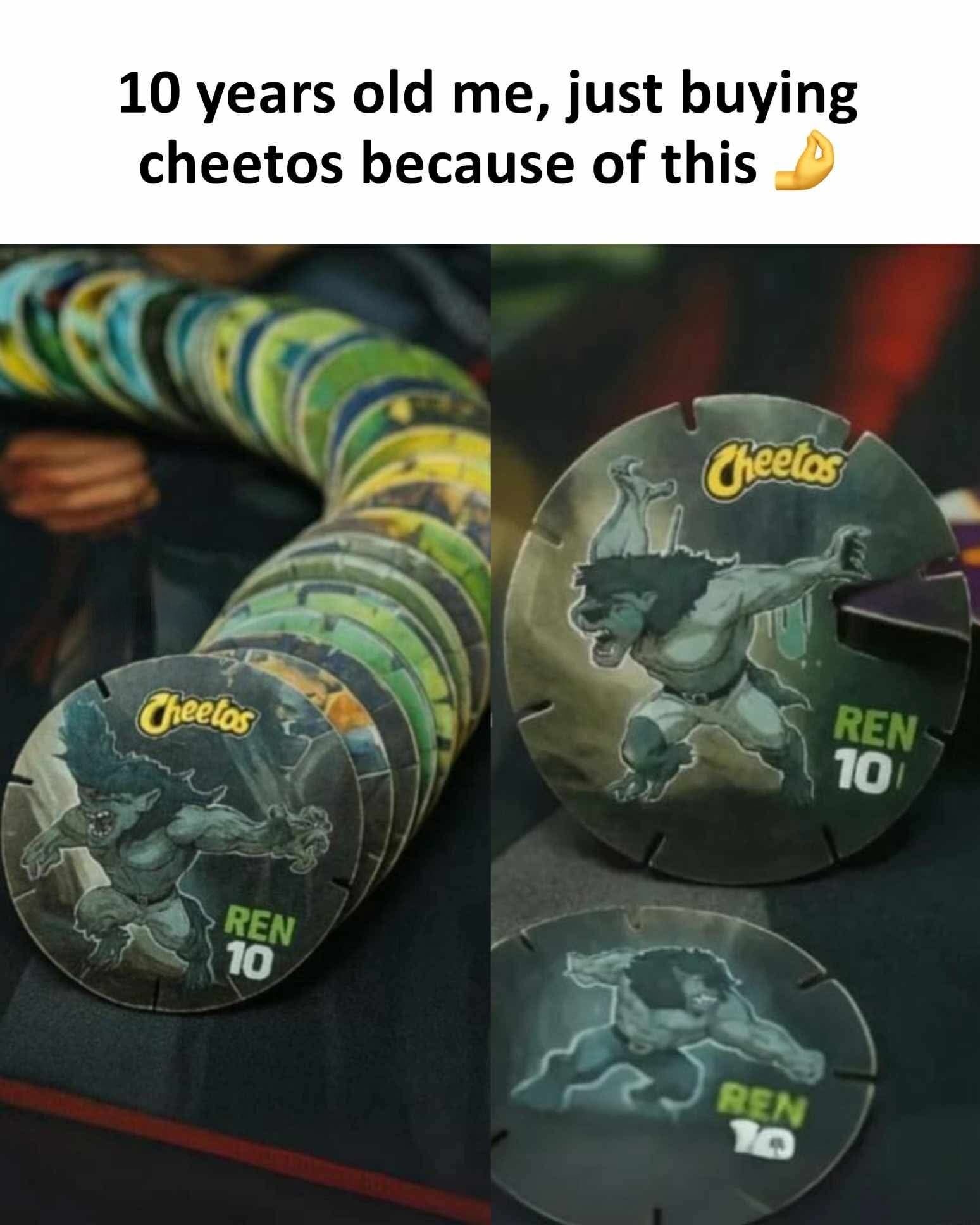 The meme opens with top text that reads '10 years old me, just buying cheetos because of this' paired with a flexing bicep emoji. Below the text are two side-by-side photos: the left photo displays a long stacked collection of circular Cheetos branded collectible tazos, also known as pogs, which are small round collectible items that were inserted into Cheetos snack packs. The right photo shows close-up shots of the tazos, which feature a muscular anthropomorphic wolf fantasy character printed on each tazo, with the text 'REN 10' and the Cheetos logo visible on every piece. The meme relates to the common relatable childhood experience of purchasing snack food solely to get the free promotional collectible items included inside the packaging.