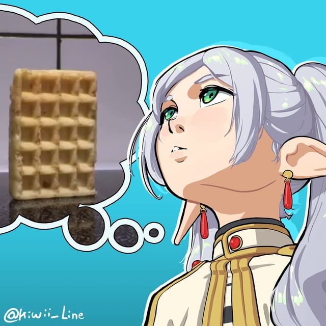 An animated illustration featuring a character with long silver hair, bright green eyes, pointed ears, and red drop earrings. The character is wearing a white outfit with gold accents and a red gem detail at the collar. They are looking upwards with a thoughtful, dreamy expression, and a white thought bubble beside their head contains a close-up image of a golden-brown waffle with a grid pattern. The background is a solid light blue color, and a watermark '@kiwii_line' is visible in the bottom left corner.