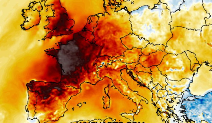This image is a temperature heat map of Western and Central Europe, utilizing a color gradient ranging from pale yellow (cooler) to deep dark red (extremely hot) to illustrate temperatures across the region. Large portions of Europe including the United Kingdom, France, Spain, Germany, and Italy are shaded in deep orange and red hues, indicating record-breaking high heat levels, while only small areas in far Eastern Europe and parts of the Mediterranean show cooler blue tones. The associated post title "Mon Dieu!" (French for "My God!") conveys shock and exasperation at the severity of the heatwave shown.