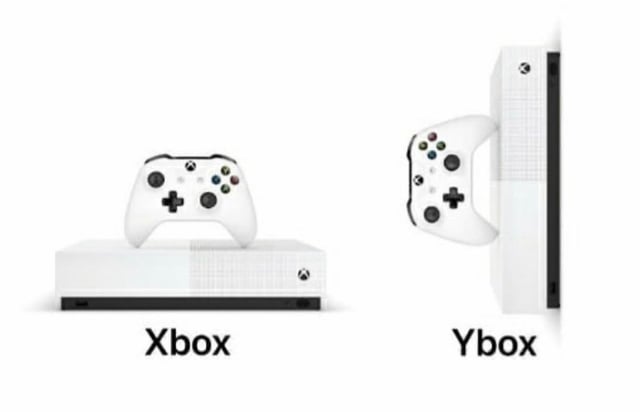 This meme features two presentations of a white Microsoft Xbox One S home video game console paired with its matching white controller. On the left, the console is laid horizontally with the controller positioned in front of it, labeled 'Xbox' matching the official product name. On the right, the same console is placed vertically, with the controller propped against its side to visually form the shape of a capital letter Y, so this configuration is jokingly labeled 'Ybox'. The humor comes from a simple visual pun swapping the first letter of the console's name based on how the console and controller are arranged.