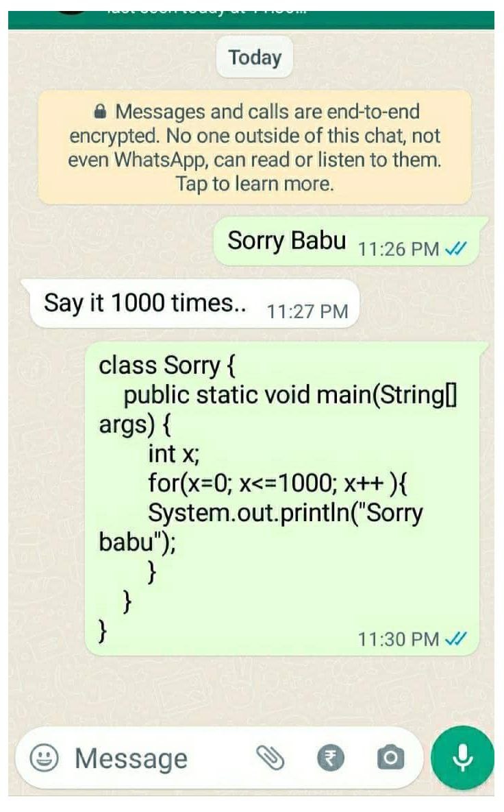 A screenshot of a WhatsApp chat where one participant sends 'Sorry Babu' at 11:26 PM. The recipient responds at 11:27 PM with 'Say it 1000 times..'. The original sender replies at 11:30 PM with a Java code snippet using a for loop (x=0 to x<=1000) to print 'Sorry babu' 1001 times, humorously complying. The chat includes WhatsApp's end-to-end encryption notification at the top.
