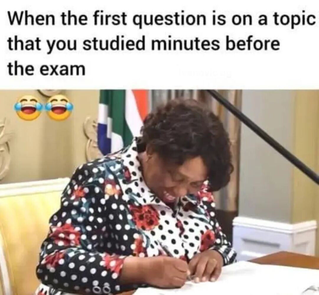 This is a relatable student meme that captures the feeling of extreme lucky relief and amusement when the first question on an exam is exactly on the topic you crammed (studied last minute) just minutes before the exam started. The image shows a real woman laughing uncontrollably while writing at a desk, with two laughing-crying emojis added to emphasize the hilarity of the lucky situation. The joke resonates with anyone who has done last-minute cramming before an exam and gotten unexpectedly lucky.