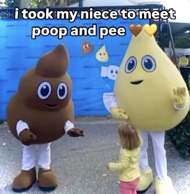 This meme features a real photograph taken at an outdoor public event, showing a small young girl standing with her back to the camera facing two large, friendly costumed mascots. One mascot is shaped like a brown smiling poop emoji, and the other is shaped like a yellow smiling urine/pee drop, both wearing white pants and matching colored shoes. Overlaid white text at the top of the image reads 'i took my niece to meet poop and pee', with two heart emojis positioned above the yellow pee mascot. A blue promotional banner in the background displays smaller illustrations of the same two mascots plus a cartoon toilet paper character, indicating the event is likely potty-training or children's health themed. The humor comes from the absurd, comical premise of having official, approachable mascots representing human bodily waste products that a small child is being introduced to.